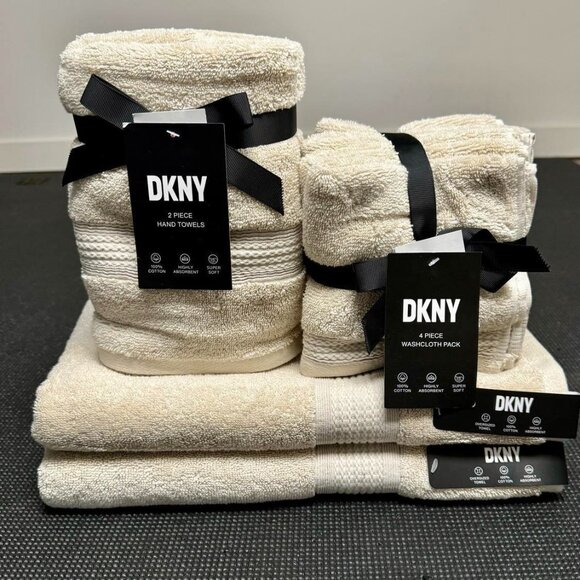 8 pc. DKNY Beige Tan Towel Set 2 Bath Towels, 2 Hand, 4 Washcloths 100% Cotton - Picture 1 of 7